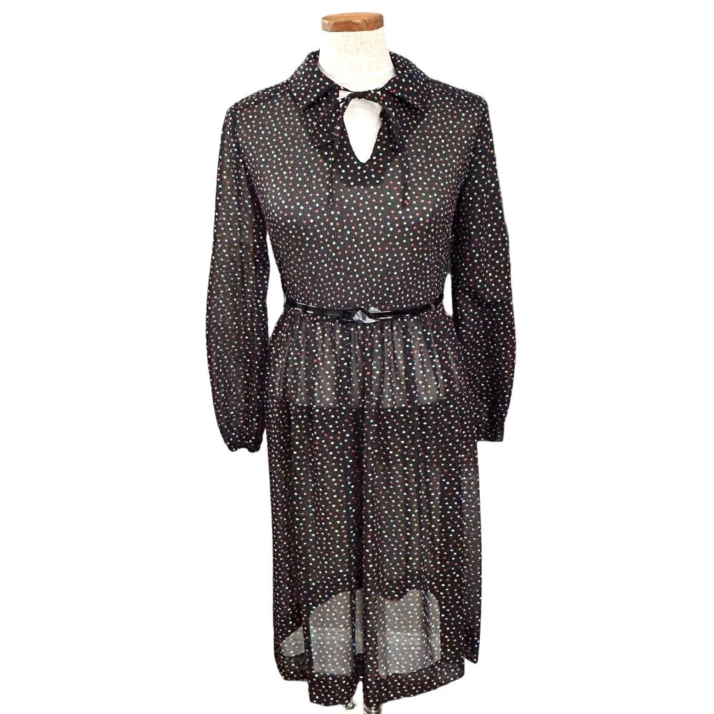 Matthew Love Vintage 70s Sheer Polka Dot Blk Midi Dress Union Made USA Belt 5/6